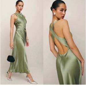 Reformation Green Satin Midi Dress